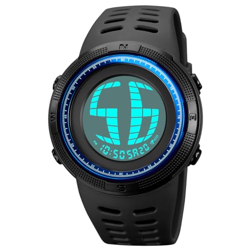 TONSHEN Herrenuhr Sport Digital 50M Wasserdicht Einzigartiges Display Plastik Uhren LED Elektronik Alarm Outdoor Armbanduhr 10 Farbe (Blau) von TONSHEN