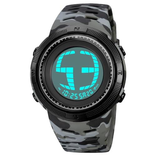 TONSHEN Herrenuhr Sport Digital 50M Wasserdicht Einzigartiges Display Plastik Uhren LED Elektronik Alarm Outdoor Armbanduhr 10 Farbe (Grau) von TONSHEN