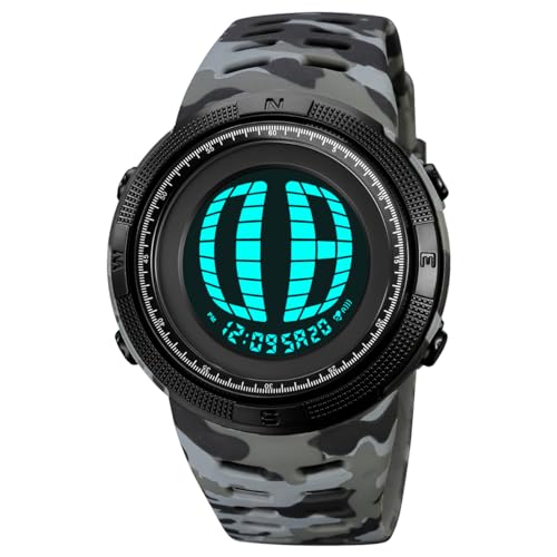 TONSHEN Herrenuhr Sport Digital 50M Wasserdicht Einzigartiges Display Plastik Uhren LED Elektronik Alarm Outdoor Armbanduhr 10 Farbe (Grau 2) von TONSHEN