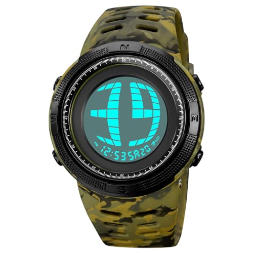 TONSHEN Herrenuhr Sport Digital 50M Wasserdicht Einzigartiges Display Plastik Uhren LED Elektronik Alarm Outdoor Armbanduhr 10 Farbe (Grün Camo) von TONSHEN