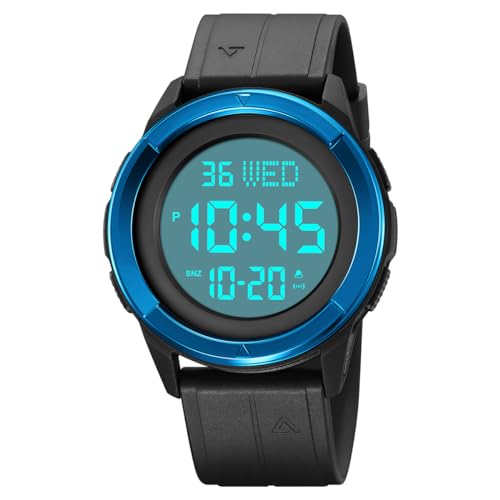 TONSHEN Herrenuhr Sport Digital Wasserdicht Uhr LED Elektronik Countdown Doppelte Zeit Alarm Plastik Uhren (Blau) von TONSHEN
