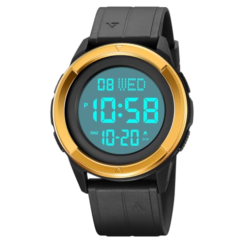 TONSHEN Herrenuhr Sport Digital Wasserdicht Uhr LED Elektronik Countdown Doppelte Zeit Alarm Plastik Uhren (Gold) von TONSHEN