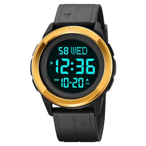 TONSHEN Herrenuhr Sport Digital Wasserdicht Uhr LED Elektronik Countdown Doppelte Zeit Alarm Plastik Uhren (Gold 2) von TONSHEN