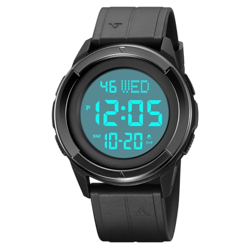TONSHEN Herrenuhr Sport Digital Wasserdicht Uhr LED Elektronik Countdown Doppelte Zeit Alarm Plastik Uhren (Schwarz) von TONSHEN