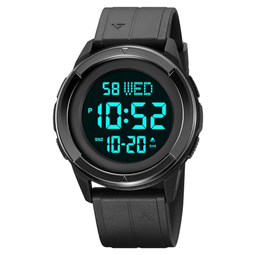 TONSHEN Herrenuhr Sport Digital Wasserdicht Uhr LED Elektronik Countdown Doppelte Zeit Alarm Plastik Uhren (Schwarz 2) von TONSHEN