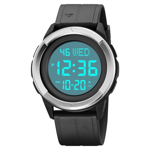 TONSHEN Herrenuhr Sport Digital Wasserdicht Uhr LED Elektronik Countdown Doppelte Zeit Alarm Plastik Uhren (Silber) von TONSHEN