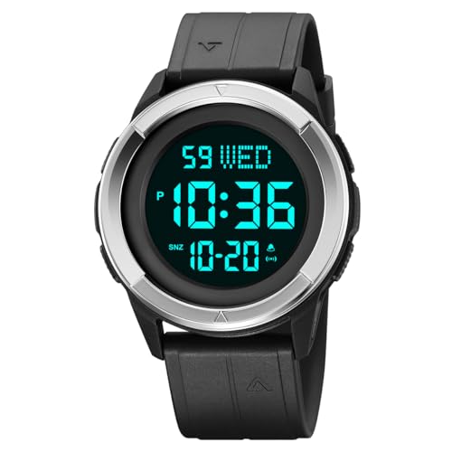 TONSHEN Herrenuhr Sport Digital Wasserdicht Uhr LED Elektronik Countdown Doppelte Zeit Alarm Plastik Uhren (Silber 2) von TONSHEN