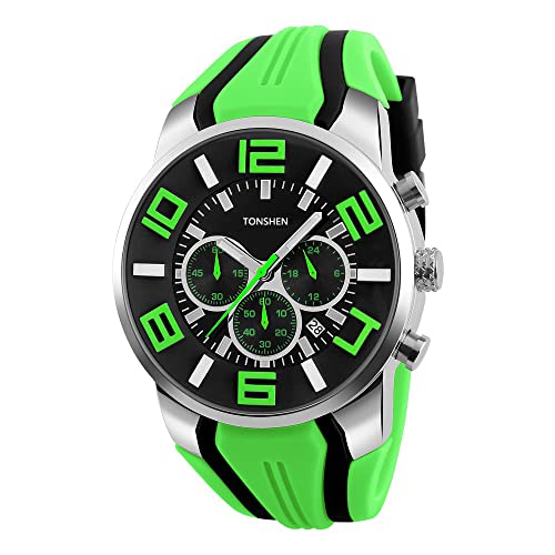 TONSHEN Herren Sport Uhr Weiche Silikon Band Edelstahl Lünette Analog Quarzuhr Unabhängige Kleine Zifferblatt Doppel Zeit Schlichtes Uhren 12H/24H Kalender Datum Armbanduhr für Männer Jungen (Grün) von TONSHEN
