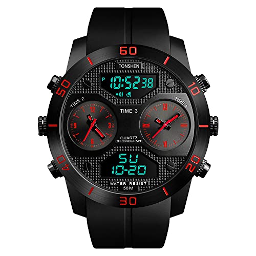 TONSHEN Herrenuhr Sportuhr 50M Wasserdicht Outdoor Militär Analog Quarz LED Elektronik DREI Zeit Alarm Datum Stoppuhr Großes Plastik Multifunktional Digital Uhren (Rot) von TONSHEN