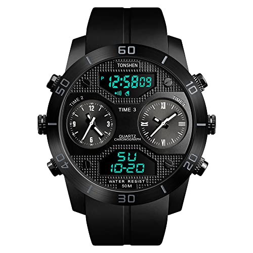 TONSHEN Herrenuhr Sportuhr 50M Wasserdicht Outdoor Militär Analog Quarz LED Elektronik DREI Zeit Alarm Datum Stoppuhr Großes Plastik Multifunktional Digital Uhren (Schwarz) von TONSHEN