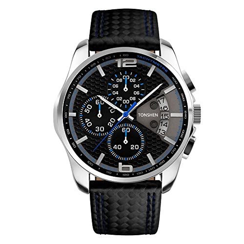 TONSHEN Herrenuhr Sportuhr Analog Uhr Leder Band mit Edelstahl Lünette Quarz Uhr Mode Klein Zifferblatt Doppel Zeit Datum Armbanduhr Casual Business Uhren (Blau) von TONSHEN