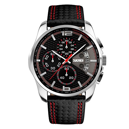 TONSHEN Herrenuhr Sportuhr Analog Uhr Leder Band mit Edelstahl Lünette Quarz Uhr Mode Klein Zifferblatt Doppel Zeit Datum Armbanduhr Casual Business Uhren (Rot) von TONSHEN