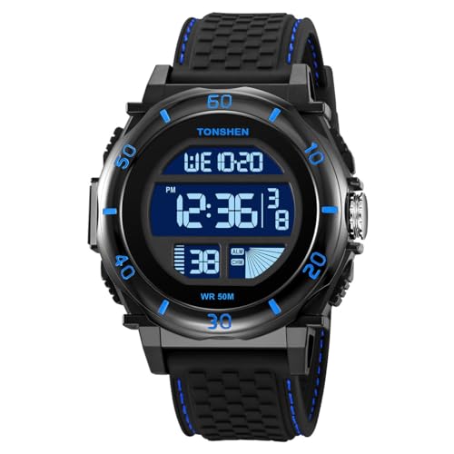 TONSHEN Herrenuhr Sportuhr Digitaluhr 50M Wasserdicht Plastik Uhren LED Elektronik Stoppuhr 12H/24H Alarm Outdoor Armbanduhr Kautschuk Band (Blau) von TONSHEN