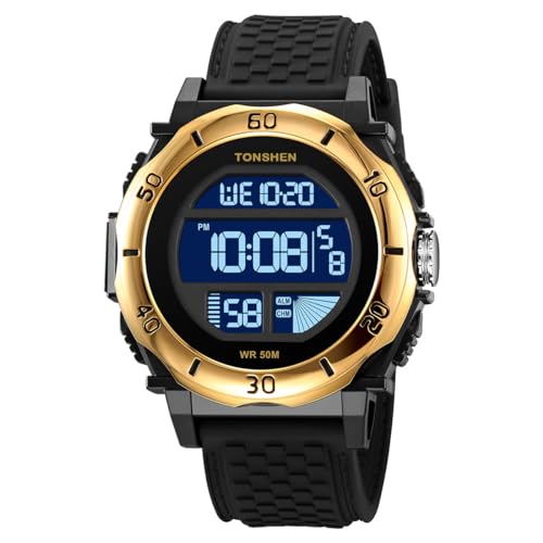 TONSHEN Herrenuhr Sportuhr Digitaluhr 50M Wasserdicht Plastik Uhren LED Elektronik Stoppuhr 12H/24H Alarm Outdoor Armbanduhr Kautschuk Band (Gold) von TONSHEN