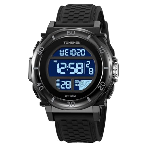 TONSHEN Herrenuhr Sportuhr Digitaluhr 50M Wasserdicht Plastik Uhren LED Elektronik Stoppuhr 12H/24H Alarm Outdoor Armbanduhr Kautschuk Band (Schwarz 2) von TONSHEN