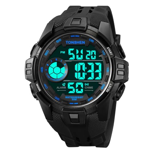 TONSHEN Herrenuhr Sportuhr Digitaluhr 50M Wasserdicht Plastikuhr Multifunktional Uhren LED Elektronik Alarm Outdoor Armbanduhr (Blau) von TONSHEN