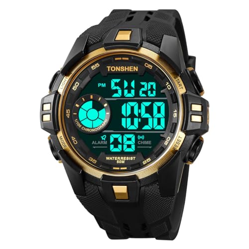 TONSHEN Herrenuhr Sportuhr Digitaluhr 50M Wasserdicht Plastikuhr Multifunktional Uhren LED Elektronik Alarm Outdoor Armbanduhr (Gelb) von TONSHEN