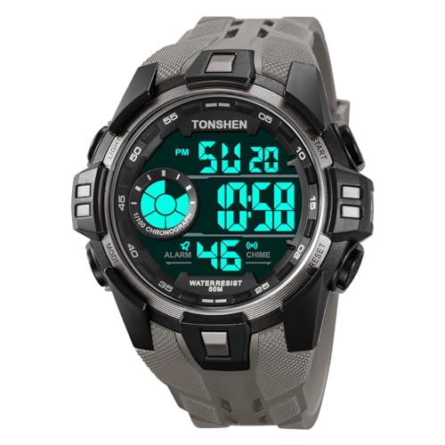 TONSHEN Herrenuhr Sportuhr Digitaluhr 50M Wasserdicht Plastikuhr Multifunktional Uhren LED Elektronik Alarm Outdoor Armbanduhr (Grau) von TONSHEN