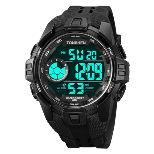 TONSHEN Herrenuhr Sportuhr Digitaluhr 50M Wasserdicht Plastikuhr Multifunktional Uhren LED Elektronik Alarm Outdoor Armbanduhr (Silber) von TONSHEN