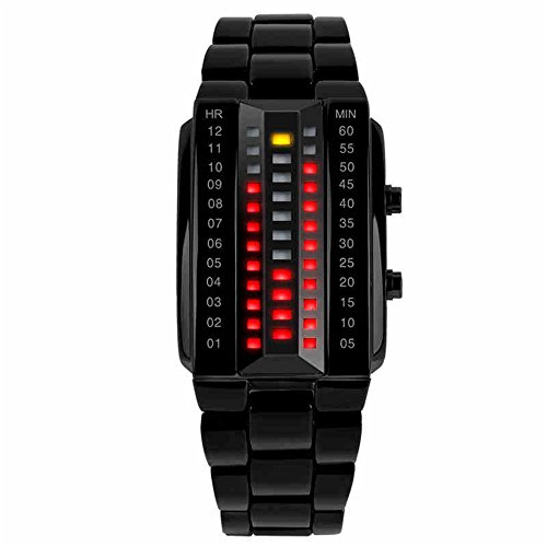 TONSHEN Herrenuhr Sportuhr Digitaluhr Cool Schwarz Edelstahl Binäre Uhr Rot und Gelb LED Licht Kleidung Rechteck Lünette Kalender Uhren (Herren) von TONSHEN