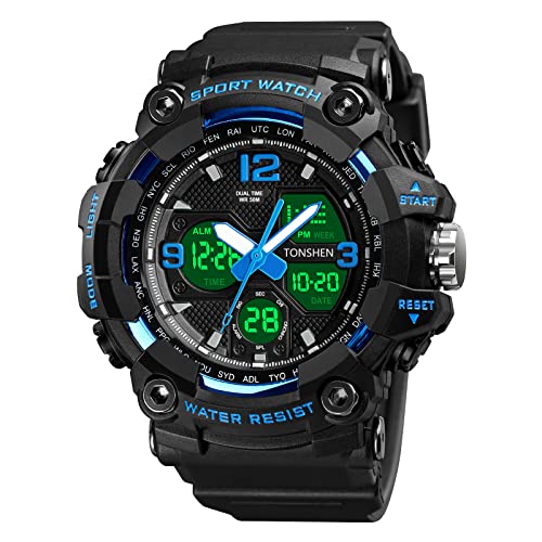 TONSHEN Herrenuhr Sportuhr Digitaluhr Outdoor LED Elektronik Analog Quarz Double Zeit Uhren Militär Multifunktional Alarm 50M Wasserdicht Armbanduhr (Blau) von TONSHEN