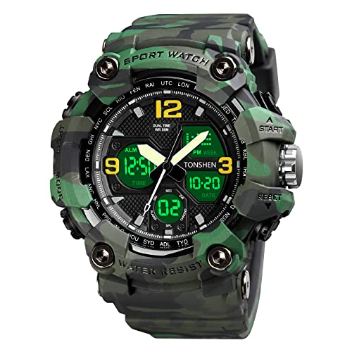 TONSHEN Herrenuhr Sportuhr Digitaluhr Outdoor LED Elektronik Analog Quarz Double Zeit Uhren Militär Multifunktional Alarm 50M Wasserdicht Armbanduhr (Grün) von TONSHEN