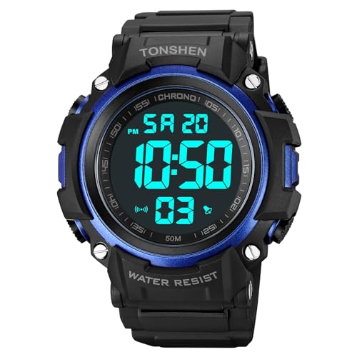 TONSHEN Herrenuhr Sportuhr Digitaluhr Wasserdicht Plastik Kautschuk 12H/24H Uhren LED Elektronik Alarm Outdoor Armbanduhr (Blau 2) von TONSHEN