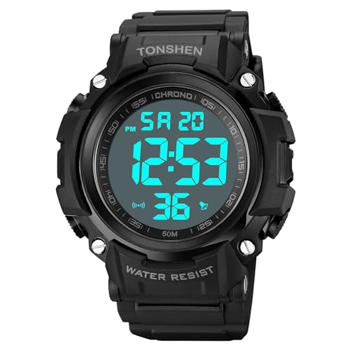 TONSHEN Herrenuhr Sportuhr Digitaluhr Wasserdicht Plastik Kautschuk 12H/24H Uhren LED Elektronik Alarm Outdoor Armbanduhr (Schwarz) von TONSHEN