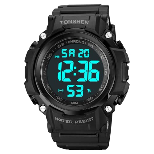 TONSHEN Herrenuhr Sportuhr Digitaluhr Wasserdicht Plastik Kautschuk 12H/24H Uhren LED Elektronik Alarm Outdoor Armbanduhr (Schwarz 2) von TONSHEN