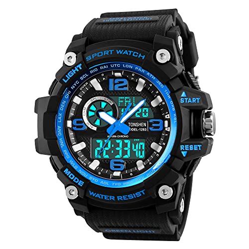 TONSHEN Herrenuhr Sportuhr Outdoor Militär 50M Wasserdicht Uhren LED Analog Quarz DREI Zeit Digitaluhr Alarm Countdown Armbanduhr (Blau) von TONSHEN