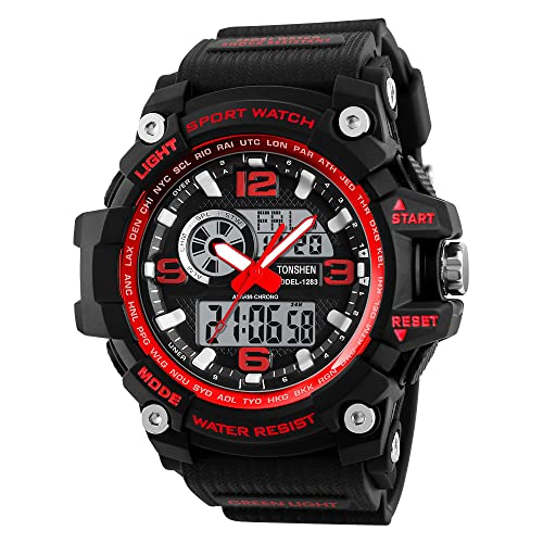 TONSHEN Herrenuhr Sportuhr Outdoor Militär 50M Wasserdicht Uhren LED Analog Quarz DREI Zeit Digitaluhr Alarm Countdown Armbanduhr (Rot) von TONSHEN