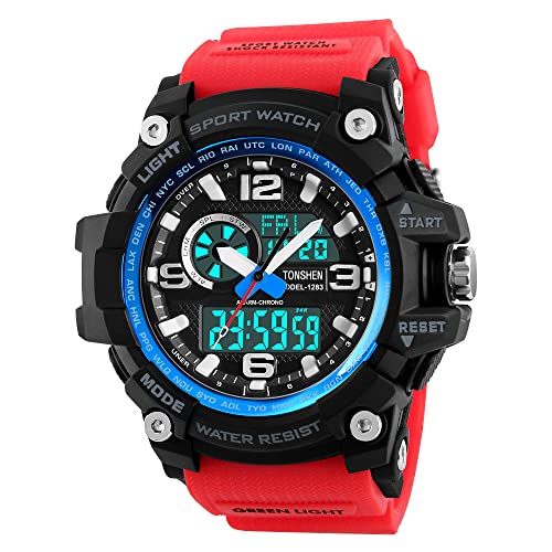 TONSHEN Herrenuhr Sportuhr Outdoor Militär 50M Wasserdicht Uhren LED Analog Quarz DREI Zeit Digitaluhr Alarm Countdown Armbanduhr (Rot Blau) von TONSHEN