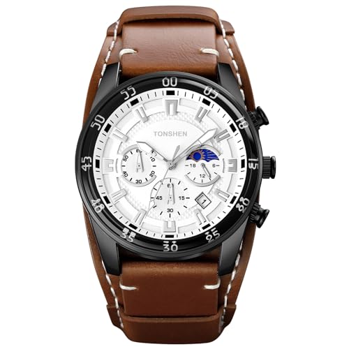 TONSHEN Herrenuhr Uhren Mondphase Kleines Zifferblatt Stoppuhr Kalender Analog Quarz Outdoor Sport Armbanduhr Edelstahl Lünette mit Leder Band (Braun Weiß) von TONSHEN