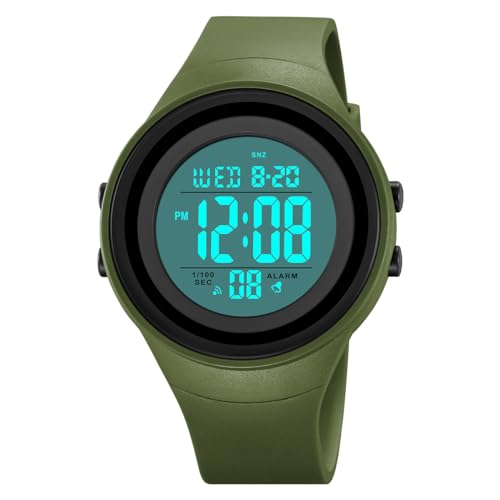 TONSHEN Herrenuhr Wasserdicht LED Elektronik Uhren Countdown Digitaluhr Outdoor Sportuhr Doppelte Zeit Alarm Stoppuhr Plastik Unisex Armbanduhr (Grün) von TONSHEN