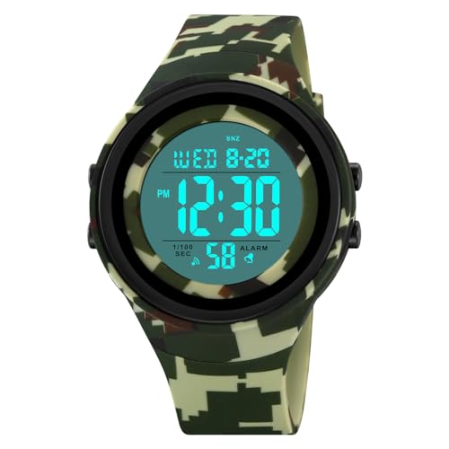 TONSHEN Herrenuhr Wasserdicht LED Elektronik Uhren Countdown Digitaluhr Outdoor Sportuhr Doppelte Zeit Alarm Stoppuhr Plastik Unisex Armbanduhr (Grün Camo) von TONSHEN