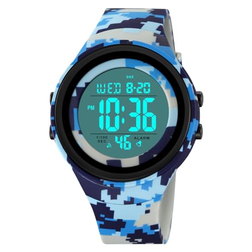 TONSHEN Herrenuhr Wasserdicht LED Elektronik Uhren Countdown Digitaluhr Outdoor Sportuhr Doppelte Zeit Alarm Stoppuhr Plastik Unisex Armbanduhr (Hellblau) von TONSHEN