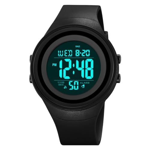 TONSHEN Herrenuhr Wasserdicht LED Elektronik Uhren Countdown Digitaluhr Outdoor Sportuhr Doppelte Zeit Alarm Stoppuhr Plastik Unisex Armbanduhr (Schwarz 2) von TONSHEN