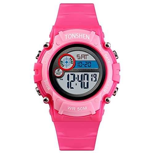 TONSHEN Kinder Digital Sport Uhren 50M Wasserdicht Mehrfarbig LED Licht Outdoor Multifunktional Elektronik Armbanduhr (Rot) von TONSHEN