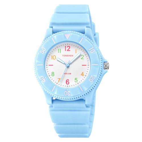 TONSHEN Kinder Uhr 50M Wasserdicht Analogue Quarzuhr Rotierenden Zifferblatt Blau Plastik mit Kautschuk Band Armbanduhr Cartoon Uhren für Junge Mädchen (Blau 2) von TONSHEN