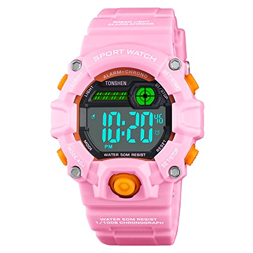 TONSHEN Kinder LED Elektronik Plastik Lünette mit Kautschuk Band Uhren Junge Mädchen Digitaluhr 50M Wasserdicht Sportuhr Outdoor Armbanduhr Alarm Doppelte Zeit (Rosa) von TONSHEN