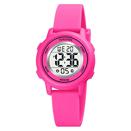 TONSHEN Kinder Mehrfarbig LED Licht Uhr Elektronik Digitaluhr Outdoor Sportuhr Alarm Stoppuhr Plastik Uhren Wasserdicht Armbanduhr (Rosa) von TONSHEN