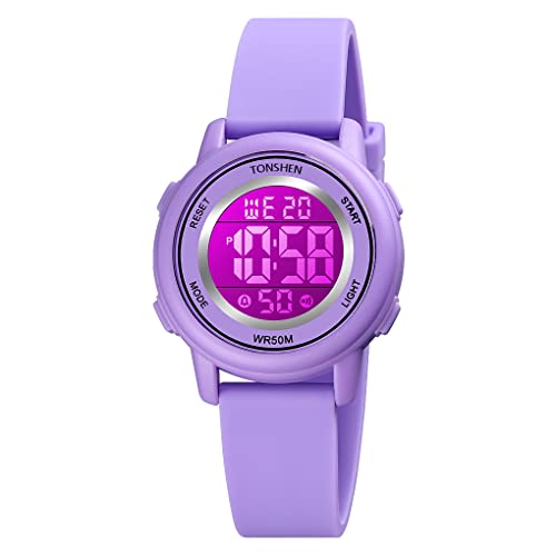 TONSHEN Kinder Mehrfarbig LED Licht Uhr Elektronik Digitaluhr Outdoor Sportuhr Alarm Stoppuhr Plastik Uhren Wasserdicht Armbanduhr (Violett) von TONSHEN