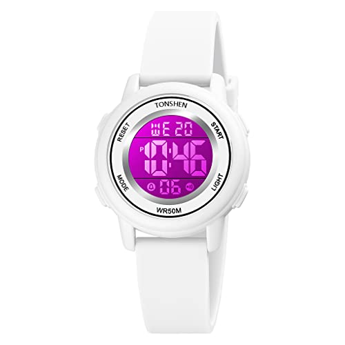 TONSHEN Kinder Mehrfarbig LED Licht Uhr Elektronik Digitaluhr Outdoor Sportuhr Alarm Stoppuhr Plastik Uhren Wasserdicht Armbanduhr (Weiß) von TONSHEN