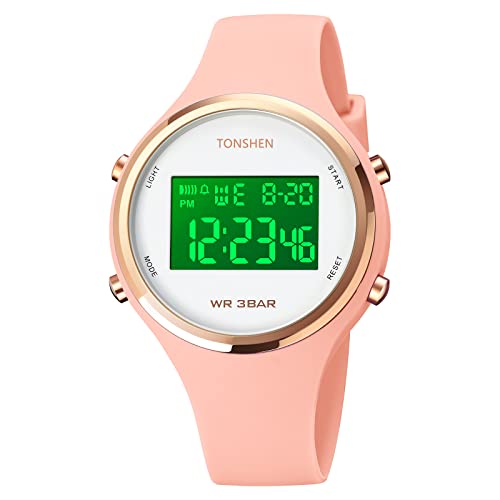 TONSHEN Kinder Outdoor Sport Uhr Wasserdicht LED Elektronik Digitaluhr Plastik Lünette und Kautschuk Band Uhren Multifunktionale Alarm Datum Armbanduhr (Rosa) von TONSHEN
