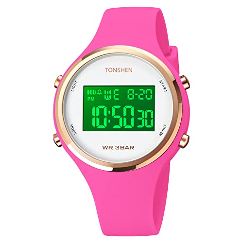 TONSHEN Kinder Outdoor Sport Uhr Wasserdicht LED Elektronik Digitaluhr Plastik Lünette und Kautschuk Band Uhren Multifunktionale Alarm Datum Armbanduhr (Rot) von TONSHEN