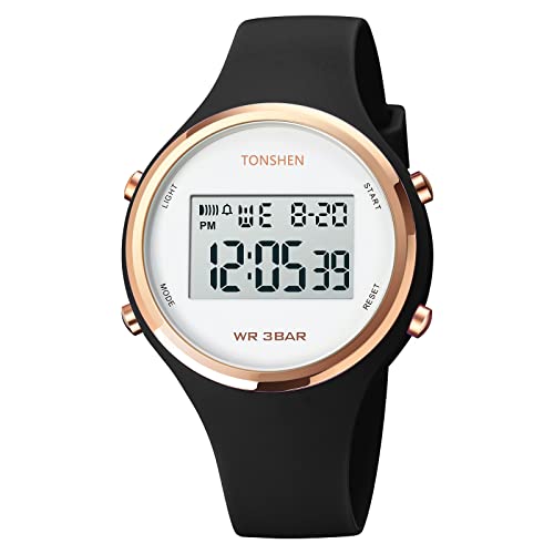 TONSHEN Kinder Outdoor Sport Uhr Wasserdicht LED Elektronik Digitaluhr Plastik Lünette und Kautschuk Band Uhren Multifunktionale Alarm Datum Armbanduhr (Schwarz) von TONSHEN