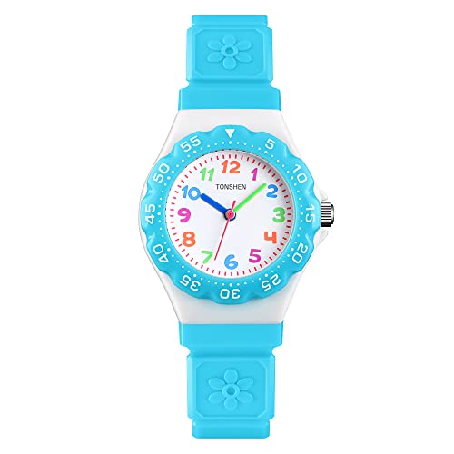 TONSHEN Kinder Sport Fashion Uhren Wasserdicht Plastik Lünette mit Kautschuk Band Casual Analog Quarz Armbanduhren (Hellblau) von TONSHEN
