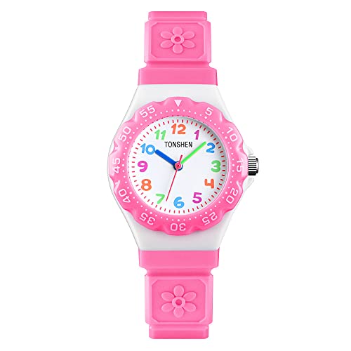 TONSHEN Kinder Sport Fashion Uhren Wasserdicht Plastik Lünette mit Kautschuk Band Casual Analog Quarz Armbanduhren (Pink) von TONSHEN