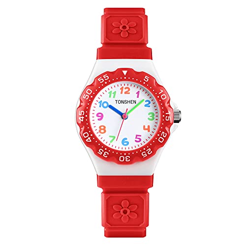 TONSHEN Kinder Sport Fashion Uhren Wasserdicht Plastik Lünette mit Kautschuk Band Casual Analog Quarz Armbanduhren (Rot) von TONSHEN