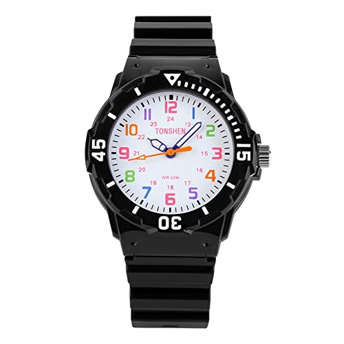 TONSHEN Kinder Uhr 50M Wasserdicht Analogue Quarzuhr Rotierenden Zifferblatt Blau Plastik mit Kautschuk Band Armbanduhr Cartoon Uhren für Junge Mädchen (Schwarz) von TONSHEN